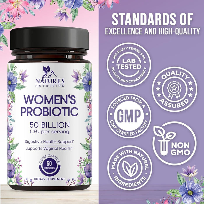Probiotics for Women 50 Billion CFU - Digestive Health, Vaginal pH & Immune Support, Prebiotics & Cranberry, Gut Health & Urinary Support, 5 Strains, Shelf Stable Women's Probiotic - 60 Capsules