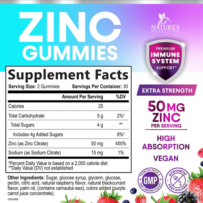 Zinc Gummies 50mg - Bone Skin & Immune Support Health Gummy & Premium Antioxidant Chewable for Adults - High Absorption Vegan, Gluten Free Zinc Supplements Vitamin - Tasty Berry Flavor - 60 Gummies