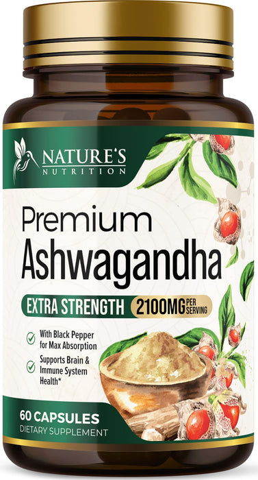 Ashwagandha Capsules for Women & Men - 2100mg Ashwagandha Supplement, Natural Antioxidant Support, Ashwa Root Extract, Extra Strength Calm Support with Black Pepper, Vegan & Gluten Free - 60 Capsules