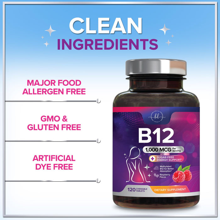 B 12 Vitamin Chewables 1000 mcg - B12 Complex with Heart & Nerve Energy Health Support - Vitamin B-12 Complex for Adults with Immune Health Support - Gluten & Sugar Free - 120 Chewables