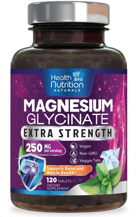 Magnesium Glycinate 250mg - 100% Chelated Magnesium for Max Absorption - Sleep Support, Muscle, Nerves, Bone & Heart Health Support, Best Mag Supplement, Vegan Non-GMO, 3rd Party Tested - 120 Tablets