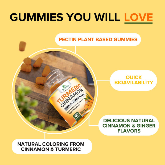 Turmeric Curcumin Supplement Gummies with Ginger & Cinnamon, 95% Curcuminoids Turmeric Curcumin Gummy with Black Pepper for Best Absorption, Nature's Vegan Joint Support Tumeric, Non-GMO, 120 Gummies