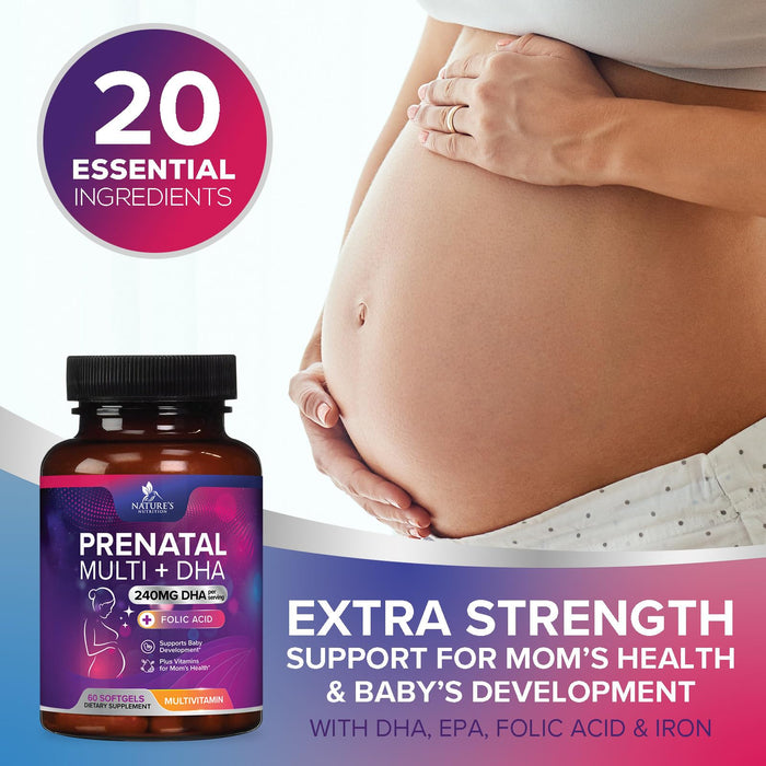 Prenatal Vitamins with Folic Acid & DHA, Fetal Brain Development Support with Folate & Omega 3's, Prenatal Multivitamin for Women, Vitamin A, C, D, B6, B12 & Iron, Pregnancy Supplement - 60 Softgels