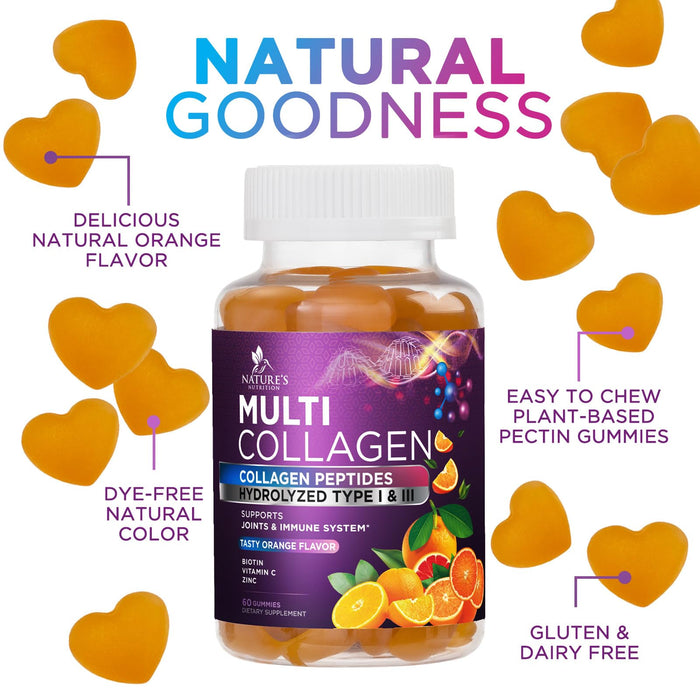 Collagen Gummies for Women with Vitamin C, Zinc & Biotin - Hydrolyzed Protein Type 1 & 3 Multi Collagen Peptides Supplement - Support for Hair, Skin, Nails & Joints, Gluten Free Complex - 60 Gummies
