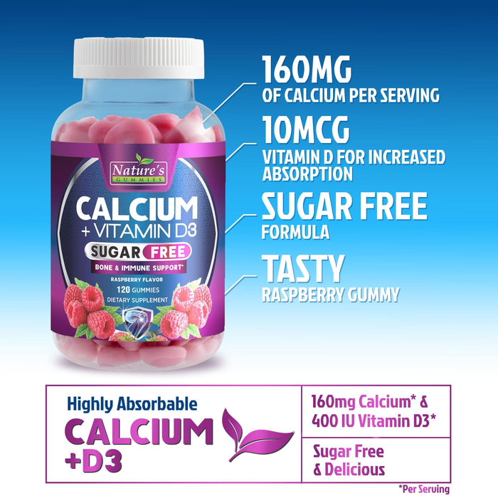 Sugar Free Chewable Calcium Gummy Vitamins - Plus 400 IU Vitamin D3 for Bone, Teeth, & Immune Health Support - Calcium Supplements for Women & Men Daily, Non-GMO, Berry Flavored - 120 Gummies