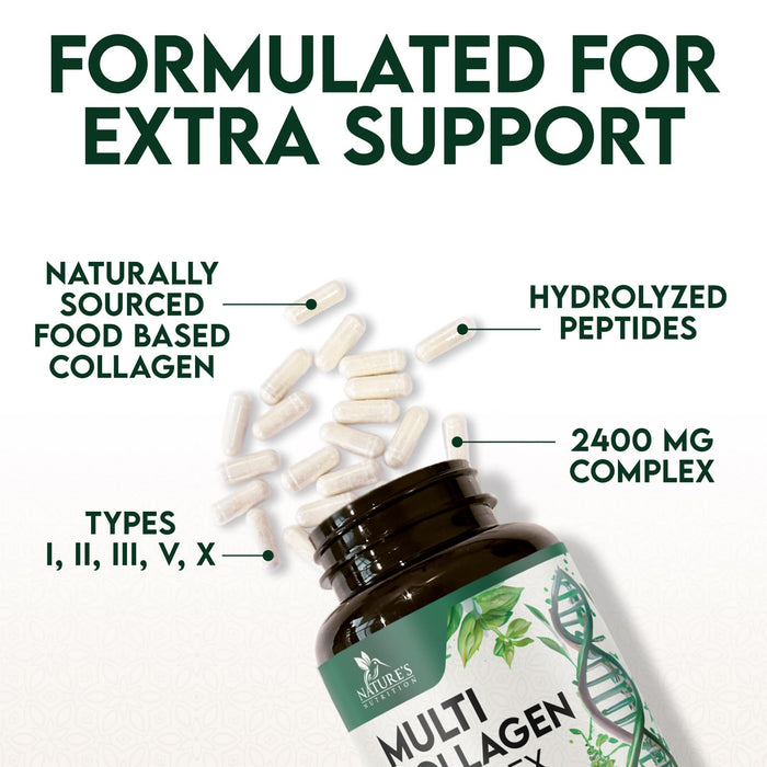 Multi Collagen Peptides Supplement 2400 mg, Types I, II, III, V & X Multi Collagen Pills Complex, Hydrolyzed Collagen Peptides Supplements, Hair, Skin, Nail, and Joint Support Supplement, 60 Capsules