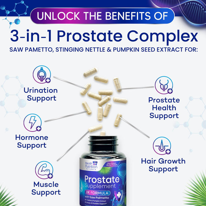Prostate Health Supplements for Men - Potent 3X Formula with Saw Palmetto, Stinging Nettle, Pumpkin Seed Extract, Bottled in USA, Prostate Supplement for Urinary Support, Vegan, Non-GMO, 120 Capsules