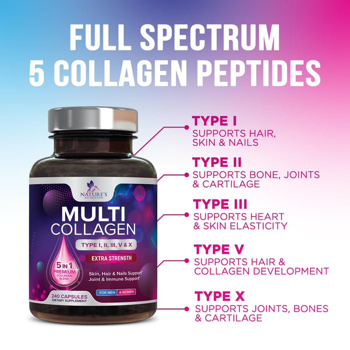 Multi Collagen Peptides Supplement - Hydrolyzed Types I, II, III, V & X Multi Collagen Pills, Hydrolyzed Collagen Peptides Supplements, Hair, Skin, Nail, and Joint Support Supplement, 240 Capsules
