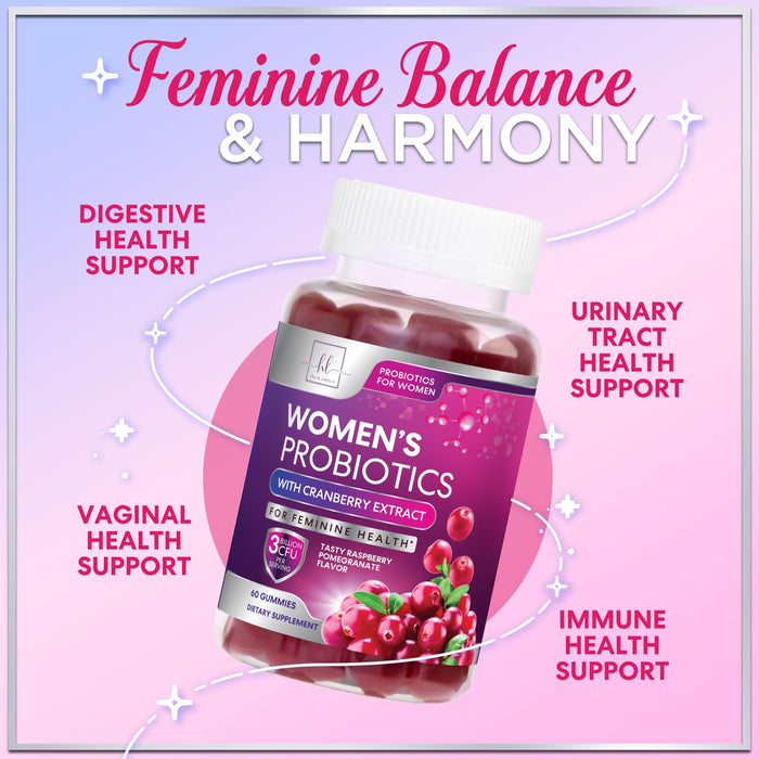 Probiotics for Women Gummies with Cranberry - 6 Premium Strains for PH Balance, Digestive Health, Vaginal & Immune Support, 3 Billion CFU, Women's Probiotic Gummy for Feminine Health - 60 Gummies