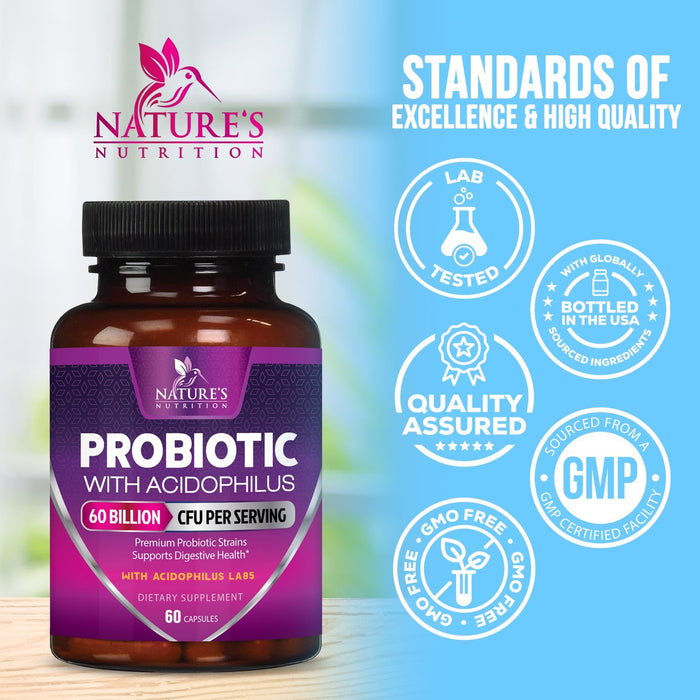 Probiotics 60 Billion CFU per Serving - 10 Strains + Prebiotics - Digestive Health, Gut & Immune Support - Supports Occasional Constipation, Gas & Bloating for Women & Men Shelf Stable - 60 Capsules