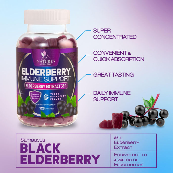 Elderberry Immune Support Gummies - Super Concentrated 35:1 Extract, Equivalent to 4200mg of Elderberries - Sambucus Black Elder Berry Vitamin Supplement, Daily Support for Kids & Adults - 120 Gummies