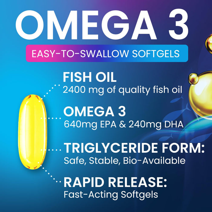 Omega 3 Fish Oil 2400 mg Supplement, Sustainably Sourced, Triple Strength Omega-3 Supplement Softgels, Brain Health Support, EPA & DHA Fish Oil Fatty Acids Supplements, Gluten & GMO Free, 60 Softgels