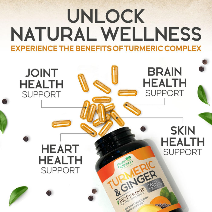Turmeric Curcumin Supplement 2600mg - with Organic Ginger & Turmeric, 95% Curcuminoids, BioPerine Black Pepper for Best Absorption, Nature's Vegan Joint Support, Non-GMO, Bottled in USA - 180 Capsules