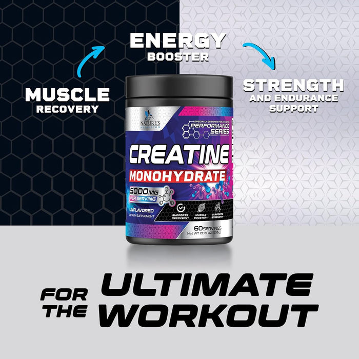 Creatine Monohydrate Powder 5000mg - Best Performance Micronized Creatine Nutritional Supplement - For Muscle Strength & Energy Support, Unflavored Monohydrate Powder, Bottled in USA - 60 Servings