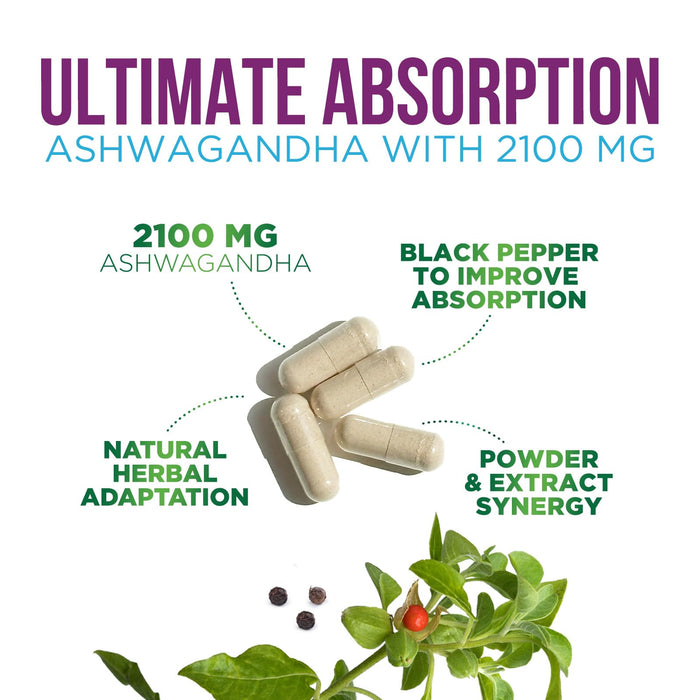 Ashwagandha 2100mg - Extra Strength with Black Pepper for Max Absorption, Ashwagandha Powder and Root Supplements for Women & Men, Antioxidant Support, Vegan, Non-GMO & Gluten Free - 60 Capsules