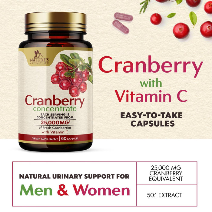 Cranberry Pills with Vitamin C & E - Cranberry Supplements for Men & Women, Urinary Tract Health Support, Sugar Free Formula, Gluten Free & Non-GMO, Fruit Cranberry Powder Extract Pill - 60 Capsules