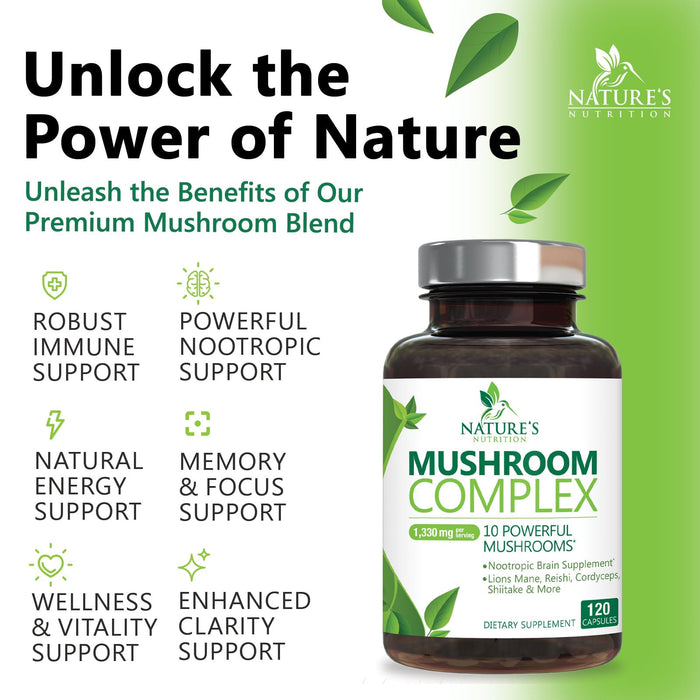 Mushroom Supplement Nootropic 1330mg - 10 in 1 High Strength Brain Supplements Mushroom Complex with Lions Mane, Turkey Tail, Reishi, Cordyceps & Chaga for Memory, Brain & Focus Support - 120 Capsules