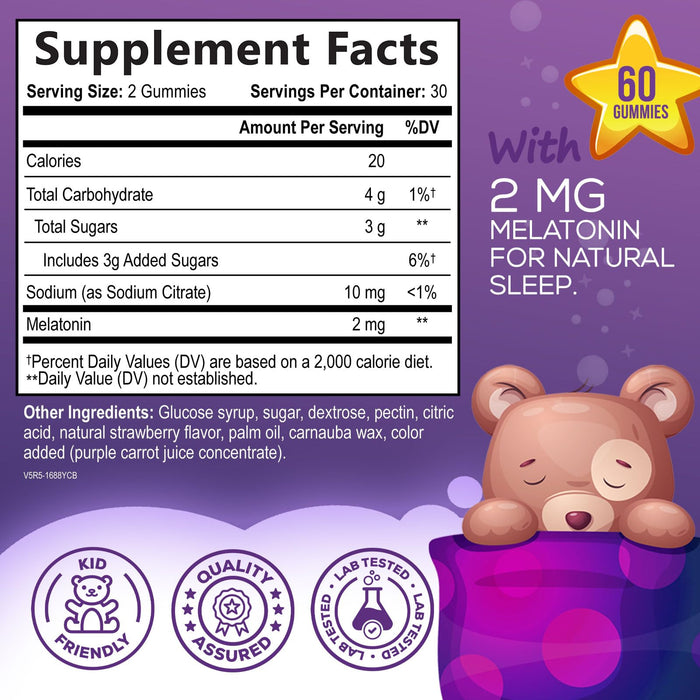 Kids Sleep Gummies 2mg - Children's Sleep Gummy with Melatonin, Non-Habit Forming, Works with Natural Sleep Cycle, Supports Peaceful, Restful Sleep, Calm & Drug-Free, Natural Berry Flavor, 60 Gummies