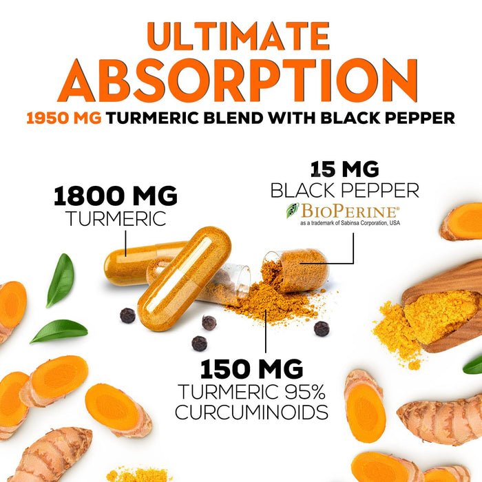 Turmeric Curcumin Supplement with BioPerine 1950mg, 95% Standardized Curcuminoids - Black Pepper for Advanced Absorption, Herbal Joint Support Complex, Nature's Tumeric Extract Non-GMO - 120 Capsules