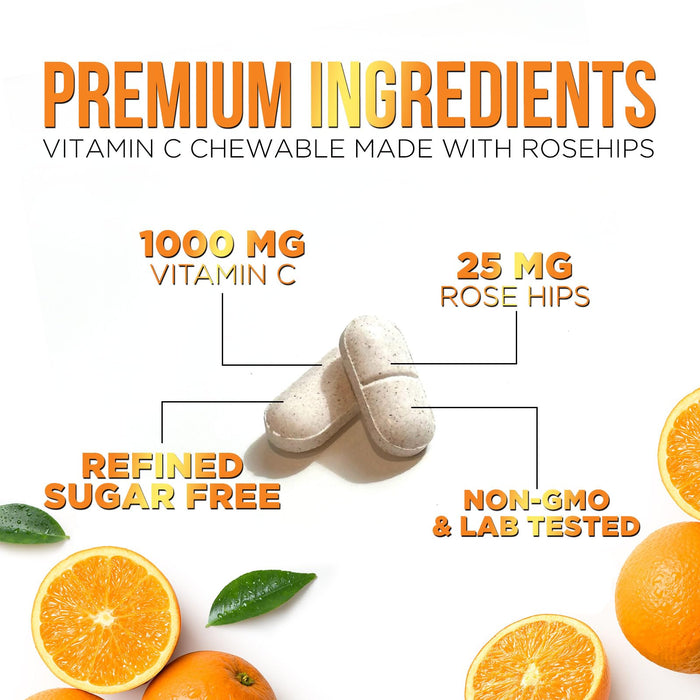Vitamin C 1000mg Chewable Supplement - Extra Strength Immune Support Vitamin C Dietary Supplement with Rose HIPS, Nature's VitaminC Antioxidant Support, Natural, Vegan, Orange Flavor - 60 Tablets