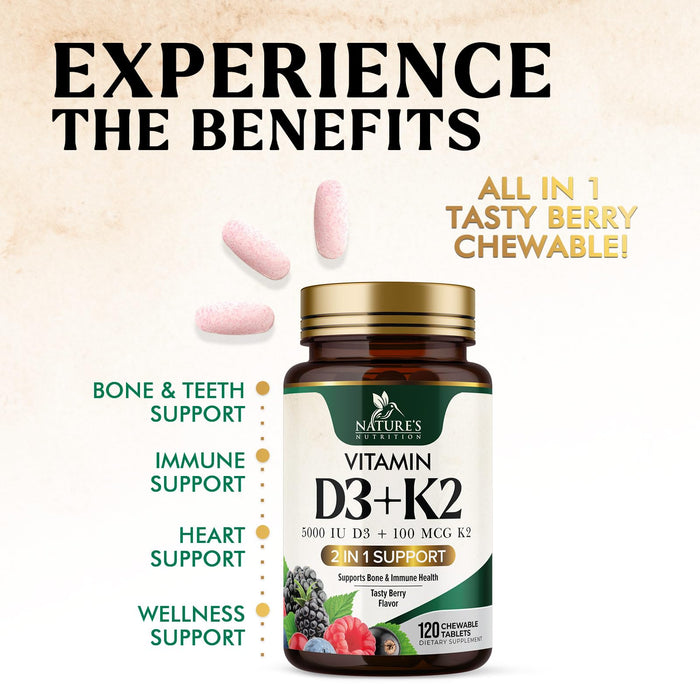 Vitamin D3 K2 | 5000 IU D3 + K2 100 mcg | MK-7 K2 with Vitamin D | Supports Immune – 120 Tablets