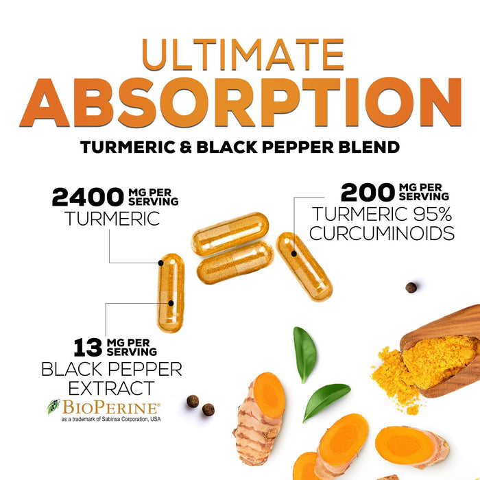 Turmeric Curcumin Supplement with BioPerine 95% Curcuminoids 2600mg with Black Pepper for Best Absorption, Bottled in USA, Best Natural Vegan Joint Support, Nature's Non-GMO Tumeric - 60 Capsules
