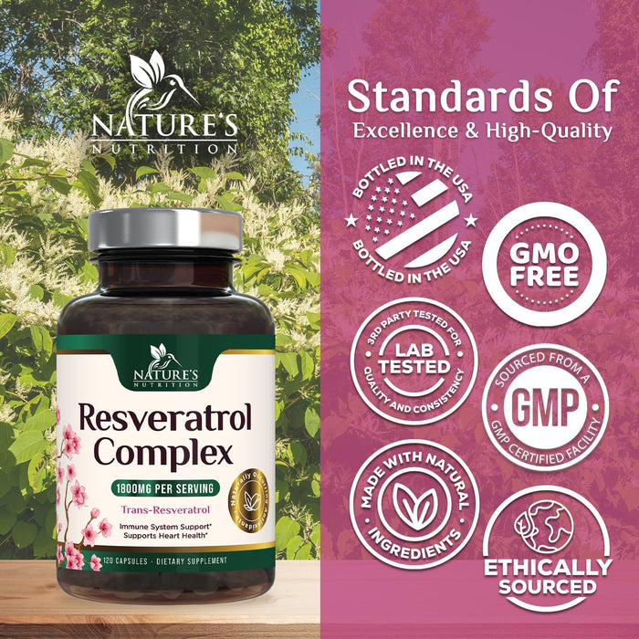Resveratrol Supplement 1800mg - Extra Strength Antioxidants for Healthy Aging & Immune Support - Heart Health & Cellular Energy Support - Non-GMO, Bioavailable Trans-Resveratrol - 120 Vegan Capsules