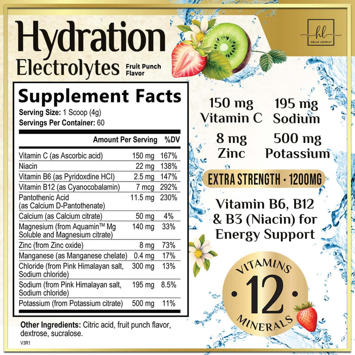 Hydration Replenisher Daily Electrolyte Drink Mix – Rapid Hydration Powder with 6 Electrolytes & Minerals, Zero Sugar, Keto, Vegan, Non-GMO & Sugar-Free Electrolyte Powder Tub - 60 Servings