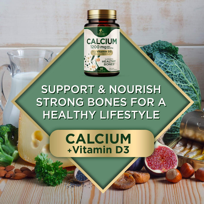 Calcium 1200 mg with Vitamin D3, Calcium Supplement Vitamins, Supports Bone Strength, Teeth & Immune System, Calcium Supplements for Women & Men, Nature's Absorbable Calcium Carbonate - 60 Tablets