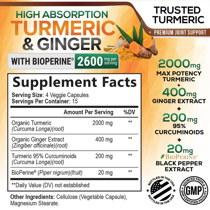 Turmeric Curcumin Supplement 2600mg with Organic Ginger & Turmeric, BioPerine Black Pepper Extract 95% Curcuminoids - Advanced Absorption Joint & Antioxidant Extra Strength Support - 60 Capsules