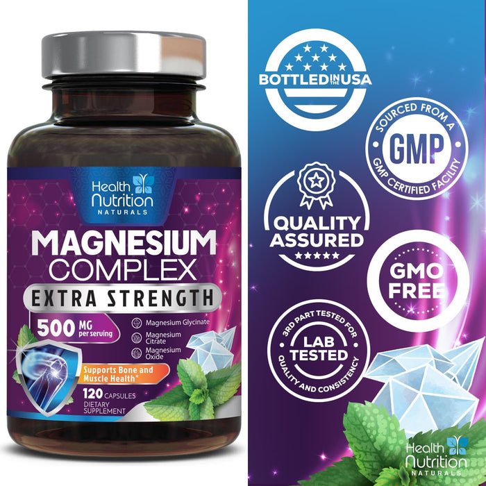Magnesium Complex Capsules 500 mg with Oxide, Glycinate, Malate, Citrate - High Absorption Complex Chelated Magnesium Mineral Supplements - for Muscle, Bone and Heart Health Support - 120 Capsules