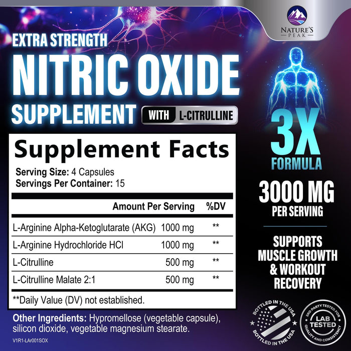 Nitric Oxide Supplement 3000mg L Arginine 3X Strength - Citrulline Malate & AKG - Extra Strength Muscle Supporting Nitric Booster for Muscle Growth & Workout Recovery to Train Harder - 60 Capsules