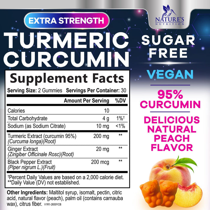 Turmeric Supplement Gummies Sugar Free - Turmeric Curcumin and Ginger Gummies with Black Pepper Extract for High Absorption, Turmeric Curcumin Gummy for Joint Support, Non-GMO, Gluten Free, 60 Count
