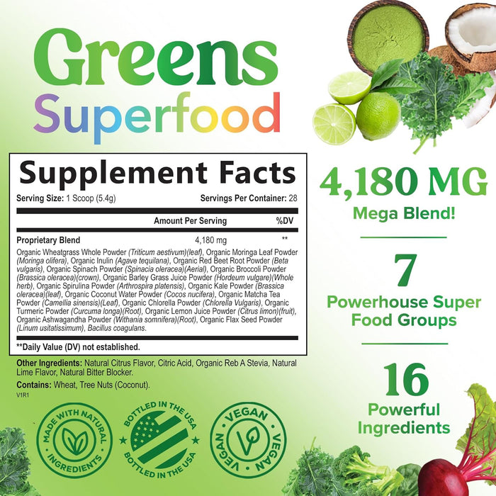 Greens Superfood Powder - Original Organic Super Greens Juice Powder - Packed with Probiotics, Wheat Grass, Enzymes, Spirulina, Chlorella for Digestive & Gut Health, Smoothie Drink Mix - 28 Servings