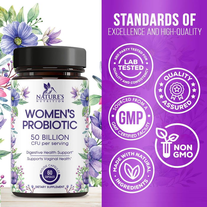 Probiotics for Women 50 Billion CFU - Digestive Health, Vaginal pH & Immune Support, Prebiotics & Cranberry, Gut Health & Urinary Support, 5 Strains, Shelf Stable Women's Probiotic - 60 Capsules