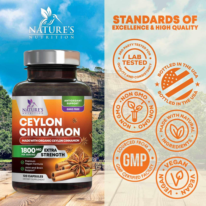 Organic Ceylon Cinnamon Supplement 1800mg - Certified Organic Ceylon Cinnamon Powder Pills - Energy & Heart Support for Women & Men, Bottled in USA, Antioxidant, Gluten Free, Non-GMO - 120 Capsules