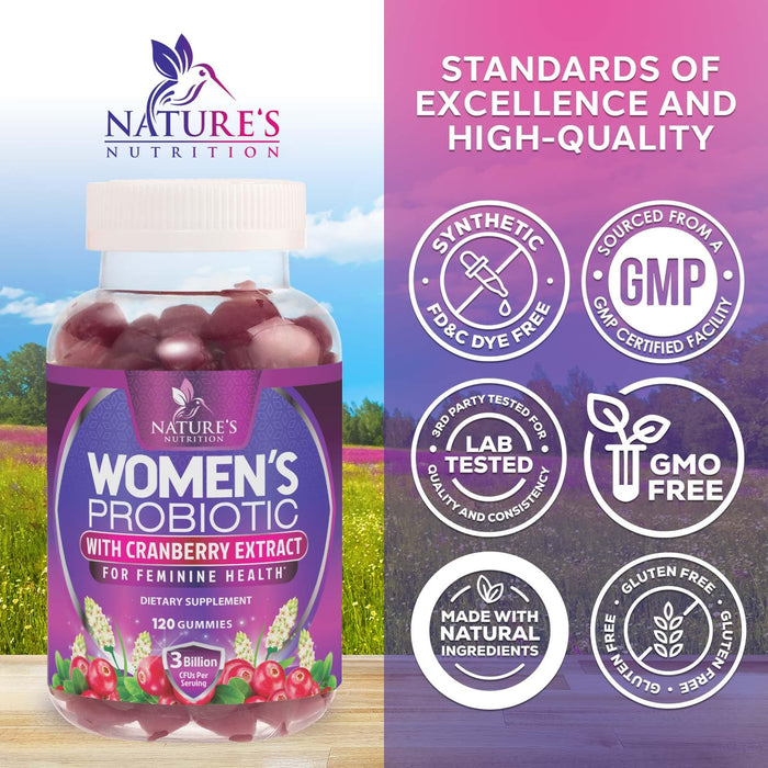 Probiotics for Women Gummies with Cranberry - 6 Premium Strains for PH Balance, Digestive Health, Vaginal & Immune Support, 3 Billion CFU, Women's Probiotic Gummy for Feminine Health - 120 Gummies
