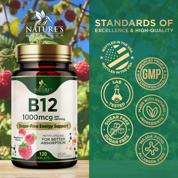 Vitamin B12 (Methylcobalamin) 1000 mcg - Chewable Tablet for Energy, Nervous System & Brain Support - Maximum Strength, Fast Dissolve, Vegan, Gluten-Free, Non-GMO for Women & Men - 120 Tablets