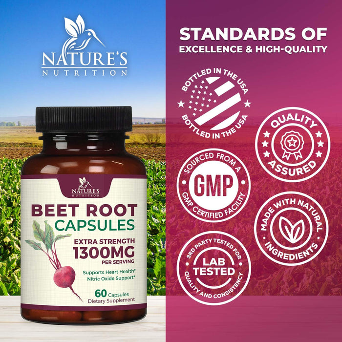 Beet Root Capsules 1300mg - Extra Strength Red Beetroot Powder Supplement – Supports Nitric Oxide Production, Heart Health & Natural Energy – Non-GMO, Vegan, Gluten Free – 60 Veggie Capsules