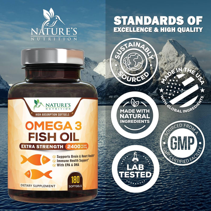 Omega 3 Fish Oil 2400 mg – Triple Strength EPA & DHA Fatty Acids for Heart, Brain & Joint Support – Wild-Caught, Burpless, Lemon Flavor Supplement – Natural, Non-GMO, Gluten-Free – 180 Softgels