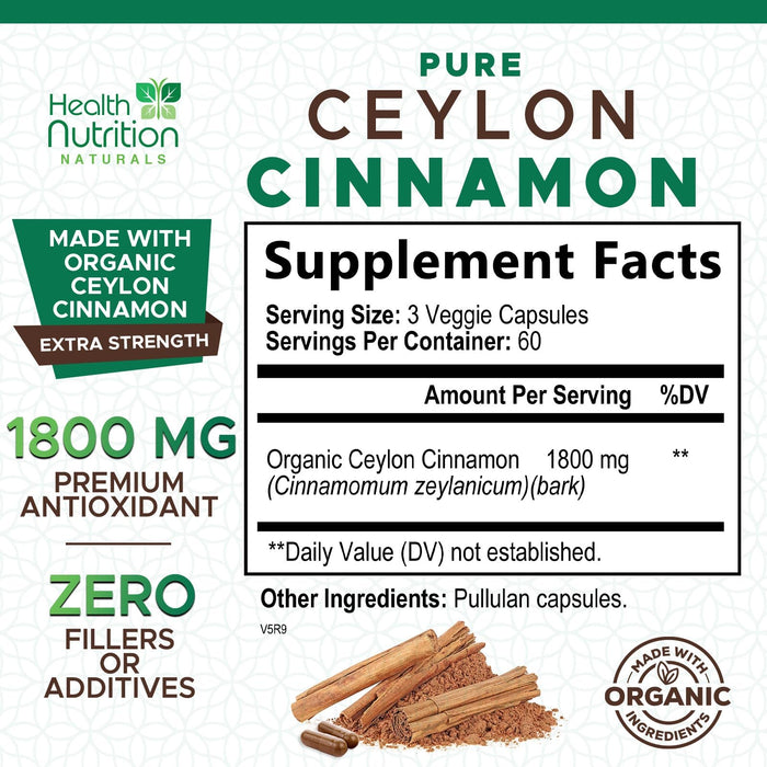 Ceylon Cinnamon Capsules 1800mg - Certified Organic Ceylon Cinnamon Powder Supplement, Bottled in USA, Extra Strength Energy & Heart Support Pills, Non-GMO & Gluten Free, Sugar Free - 180 Capsules