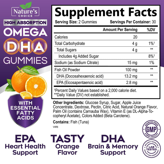 Omega 3 Fish Oil Gummies - Triple Strength Omega3 Gummy - DHA & EPA Fatty Acids for Heart Health, Joint & Brain Support, Nature's High Absorption Omega Fish Oil Supplement, Orange Flavor- 60 Gummies