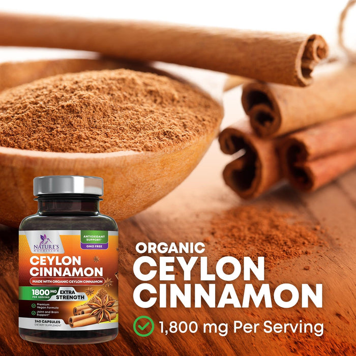 Organic Ceylon Cinnamon Supplement 1800mg - Certified Organic Ceylon Cinnamon Powder Pills - Energy & Heart Support for Women & Men, Bottled in USA, Antioxidant, Gluten Free, Non-GMO - 240 Capsules