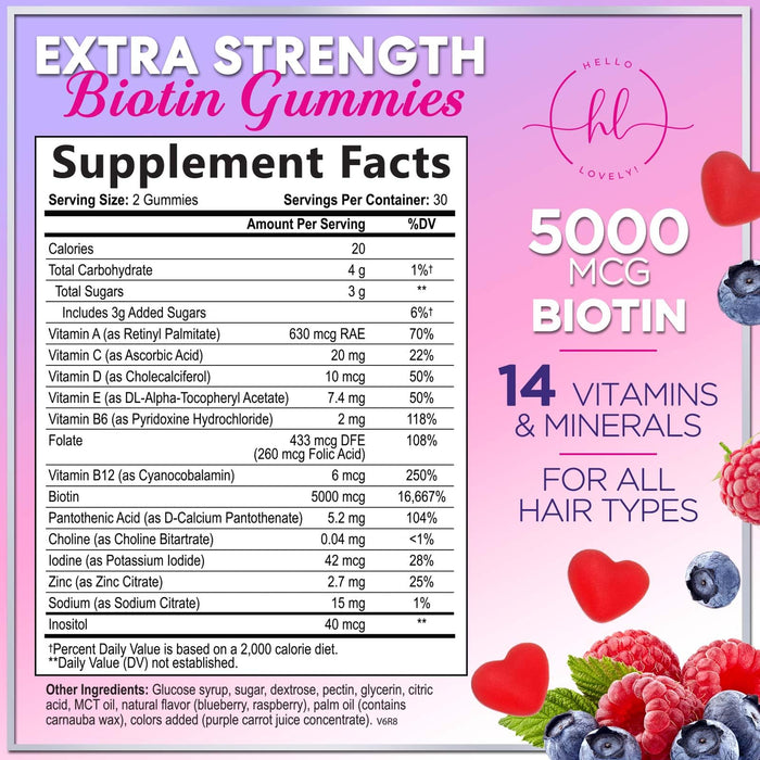 Hair Vitamins Gummy for Women with Biotin 5000 mcg, Sugar-Free Hair Growth Support with Vitamins E & C, Thicker, Stronger & Beautiful Hair, Skin & Nails, Hair Health Support Supplement - 60 Gummies