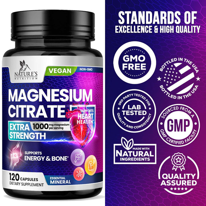 Magnesium Citrate Supplement 1000 mg for Best Absorption, Supports Bone, Heart Health, Nerves, Muscles, Metabolism & Calm, Nature's Pure Magnesio Vitamin Pills, Bottled in USA - 120 Capsules