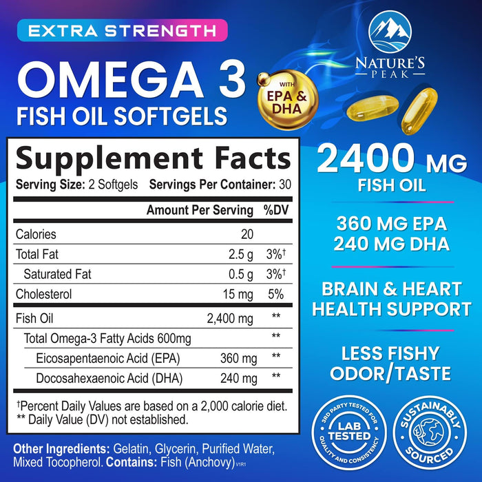 Omega 3 Fish Oil 2400 mg Supplement, Sustainably Sourced, Triple Strength Omega-3 Supplement Softgels, Brain Health Support, EPA & DHA Fish Oil Fatty Acids Supplements, Gluten & GMO Free, 60 Softgels
