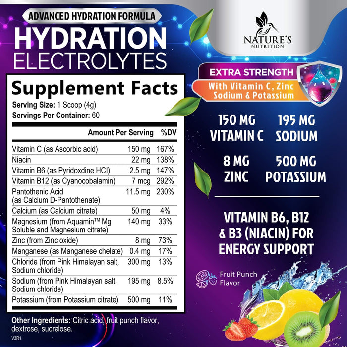 Hydration Replenisher Daily Electrolyte Drink Mix – Hydration Powder for Rapid Hydration with 6 Electrolytes & Minerals, Zero Sugar, Keto, Vegan, Non-GMO & Sugar-Free Electrolyte Powder - 60 Servings