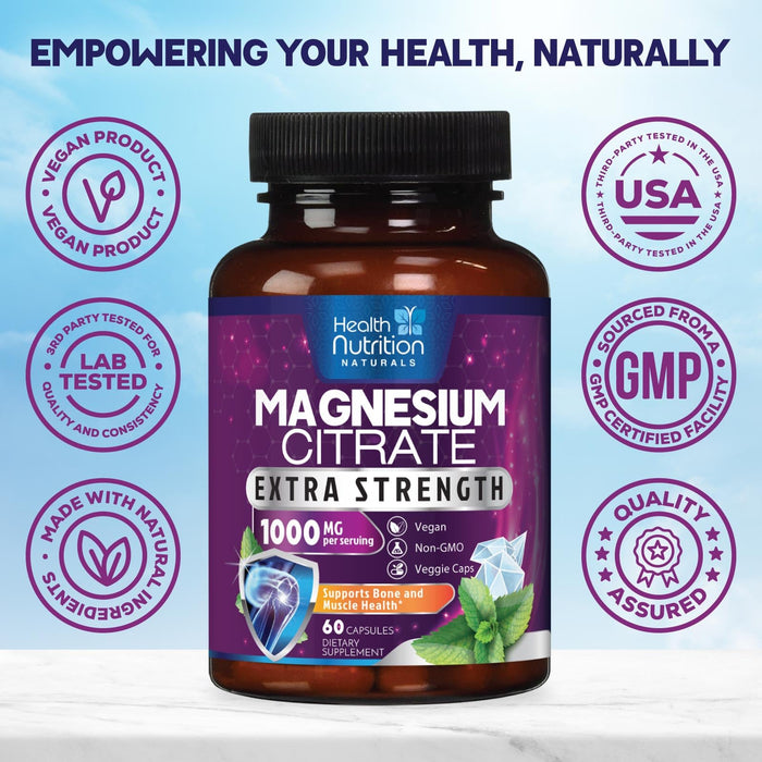 Magnesium Citrate Capsules 1000mg - Max Absorption Magnesium Powder for Muscle, Nerve, Bone and Heart Health Support, High Absorption Citrate Complex, Gluten Free, Non-GMO - 60 Capsules