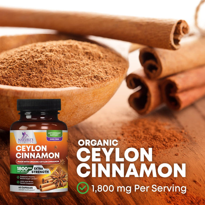Organic Ceylon Cinnamon Supplement 1800mg - Certified Organic Ceylon Cinnamon Powder Pills - Energy & Heart Support for Women & Men, Bottled in USA, Antioxidant, Gluten Free, Non-GMO - 60 Capsules