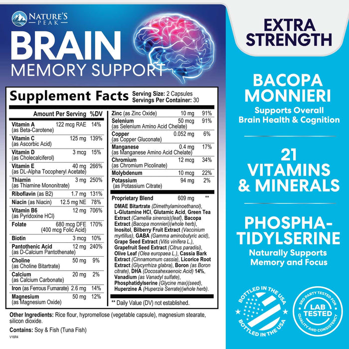 Brain Memory Supplement Pills - Nootropics Support for Concentration, Clarity, Alertness & Focus - Brain Health with Bacopa, Cognitive Vitamins, Phosphatidylserine, DMAE - Brain Booster - 60 Capsules